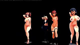 four girls with big tits dancing in anime hentai style video, full of energy and fun.