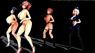 four girls with big tits dancing in anime hentai style video, full of energy and fun.