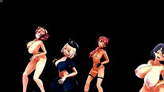 four girls with big tits dancing in anime hentai style video, full of energy and fun.