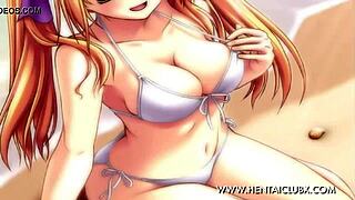 Nude anime characters relax on ecchi beach with music.