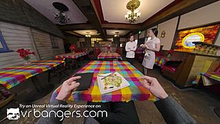 In VR Bangers, Vina Sky and Kimmy Kimm have rough threesome sex in a restaurant.