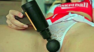 Cheerleader Teen Masturbates with Massage Gun on Tight Pussy