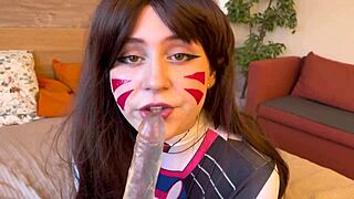 Cosplay d va deepthroats cock and gets cum on face!