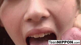 The Japanese girlfriend gives a hardcore blowjob to her guy outdoors, leading to a facial cumshot