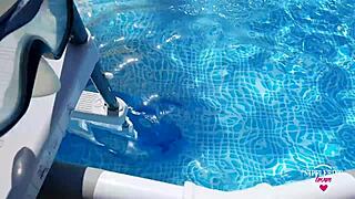 nippleringlover hot tanning naked in pool with huge rings in pierced pussy lips and nipples