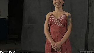 Gagged beauty with clamped nipples endures rough choking and sucking. She gets wild from intense fucking and gagging on cock.