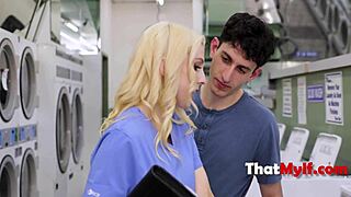 Stepmom And Stepdaughter Seduce Guy In Laundromat For Threesome