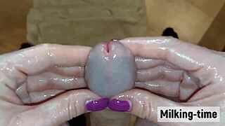 two hands edge his sensitive penis from behind during wild milking doggystyle session. wow, what a lactating glans play moment!