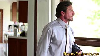 Real booty babe in heels and bikini gets fingered with monster cock.