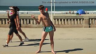 Twink Dancing on Beach with Speedo Bulge Showing Off Novinho Moves in Sunga.