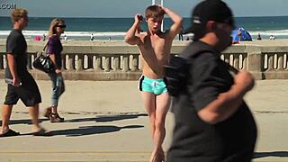 Twink Dancing on Beach with Speedo Bulge Showing Off Novinho Moves in Sunga.