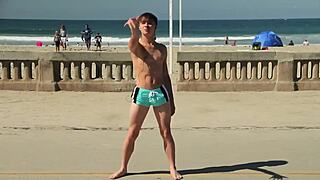 Twink Dancing on Beach with Speedo Bulge Showing Off Novinho Moves in Sunga.