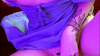 Beautiful 18-year-old ArinaFox in blue dress pleasures herself with dildo