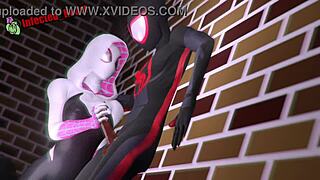 i see spider gwen getting blowjob handjob and creampie against wall