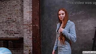 Jessica Brooks plays the role of a naughty teacher in heels and short skirt.