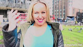 Chubby british milf flashes pussy at workers