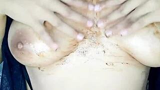 Curvy woman touches her big ass and tits alone, feeling sweet pleasure