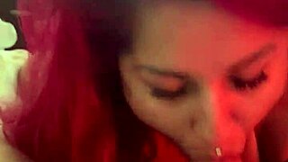 young wife gives sloppy blowjob with big tits