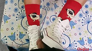 My girlfriend teases with shoes and socks for footjob