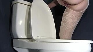 Weird Way to Pee in the Toilet with a Homemade Fat Milf in Body Stockings and Fishnets.