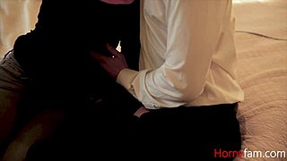 Daughter in hijab gets wild riding daddy with intense blowjob action.