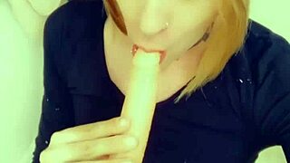 Sexy shemale loves sucking cock on her knees