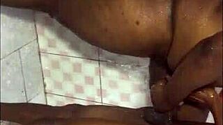 ebony striptease at party with boss and muscular bunny