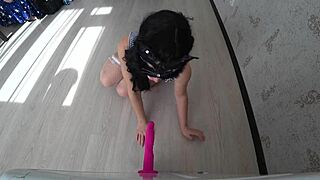 the girl sucks rubber dick and gets doggystyle anal orgasm in stockings