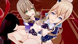 In Genshin Impact style, knights celebrate Lisa's birthday by fucking her, featuring Lisa Jean, Eula, Amber, and Sucrose in various positions.