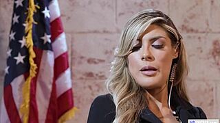 Hot female bodyguard convinces politician to support women's choice with charm