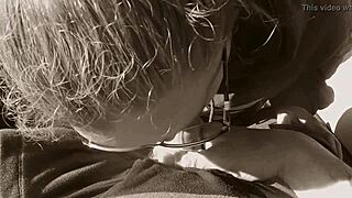 Milf sucks nerd's monster cock outdoors and wipes cum on him