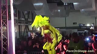 Lesbian sex on a stage during the night, heavy breathing and making out