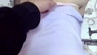 Asian girlfriend in black silk gets bent over for bareback action.