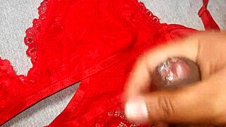 me jerking off in my friend's red lingerie and cumming on it she loves lingerie