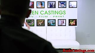 Amateur teen gags hard during rough casting fuck session