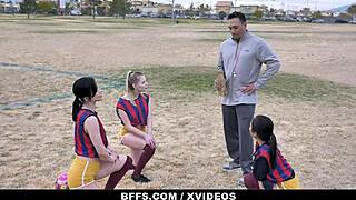 Soccer cuties suck older coach's cock
