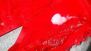me jerking off in my friend's red lingerie and cumming on it she loves lingerie