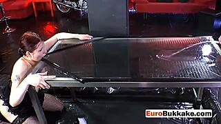 Chubby redhead in lingerie gets banged and pissed on!