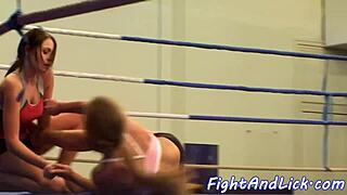 Busty beauties wrestle naked in close up
