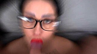 A young lady with sleepy looking glasses s3xy facial from her boyfriend