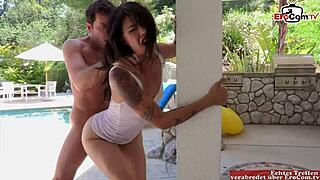 Petite brunette Asian teen takes anal in white shirt. Her small tits bounce wild!