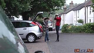 British woman in stockings sucks big cock in threesome