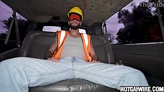 Construction worker in uniform tricked into sucking a man's cock instead of a woman's.