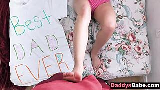 Cute teen gives dad a wild footjob in steamy session. Old and young clash in forbidden fun.
