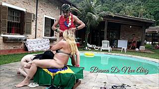 young brunette melissa fucks couple in the inn pool while myke watches