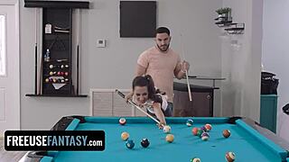 tiny cute freya von doom enjoys pool table encounter with lucky stud