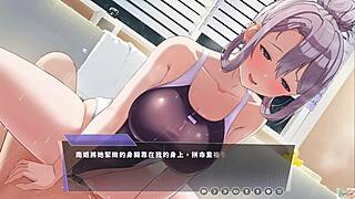 Couple in bathroom plays with bathing suit leading to ejaculation