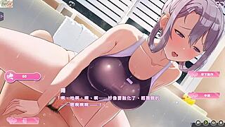 Couple in bathroom plays with bathing suit leading to ejaculation