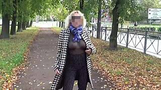 Nylon milf struts with big transparent boobs in sexy walk
