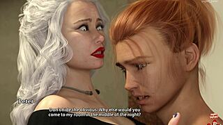 Bold redhead MILF in lingerie shows big tits in 3D game Golden Mean episode 4